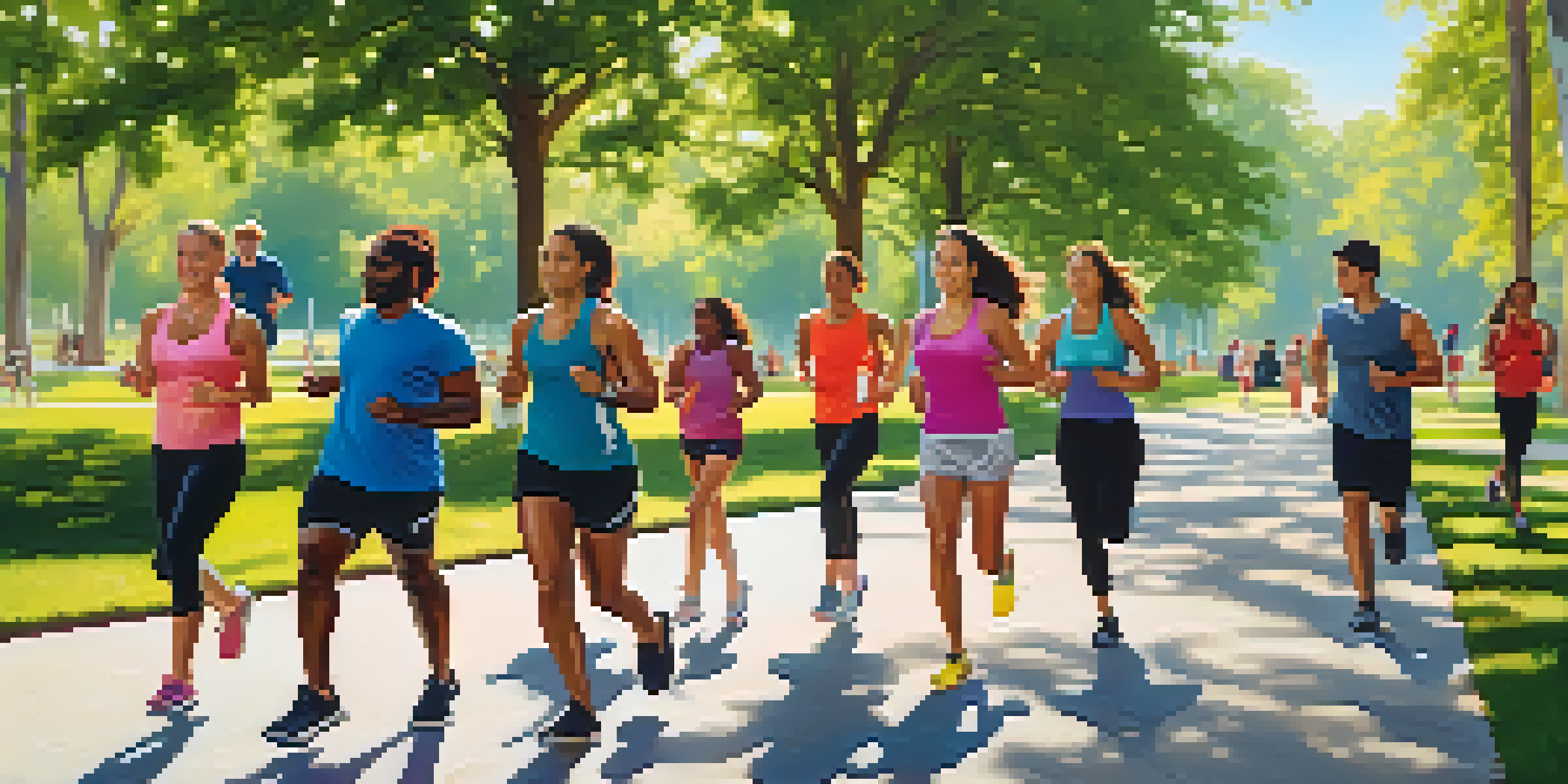 A diverse group of people exercising outdoors in a sunny park, with greenery and colorful flowers around them.