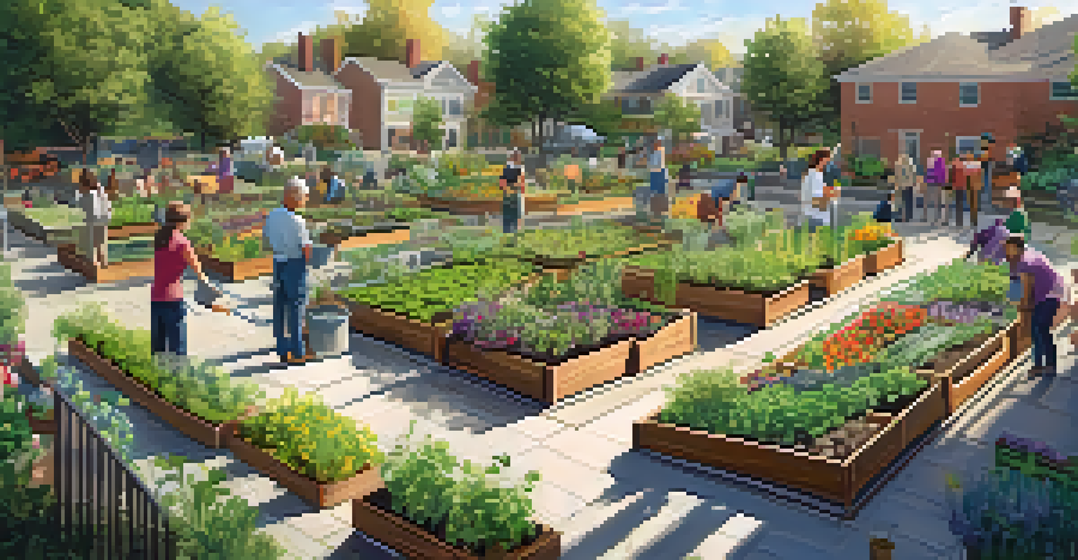 An overhead view of a lively community garden with people planting and watering plants.