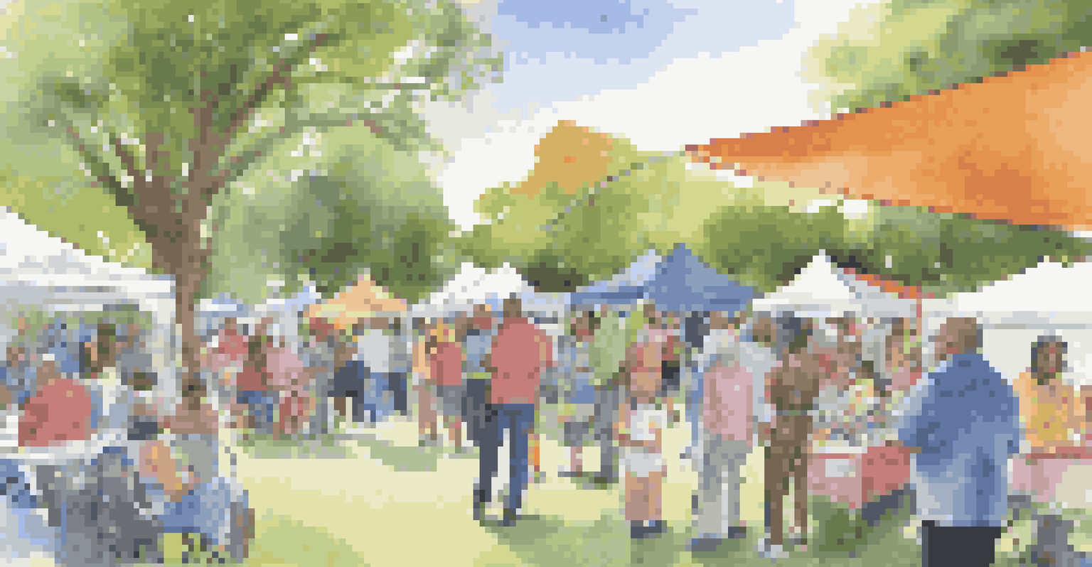 A lively community health fair in a park with booths offering health services and information to diverse attendees.