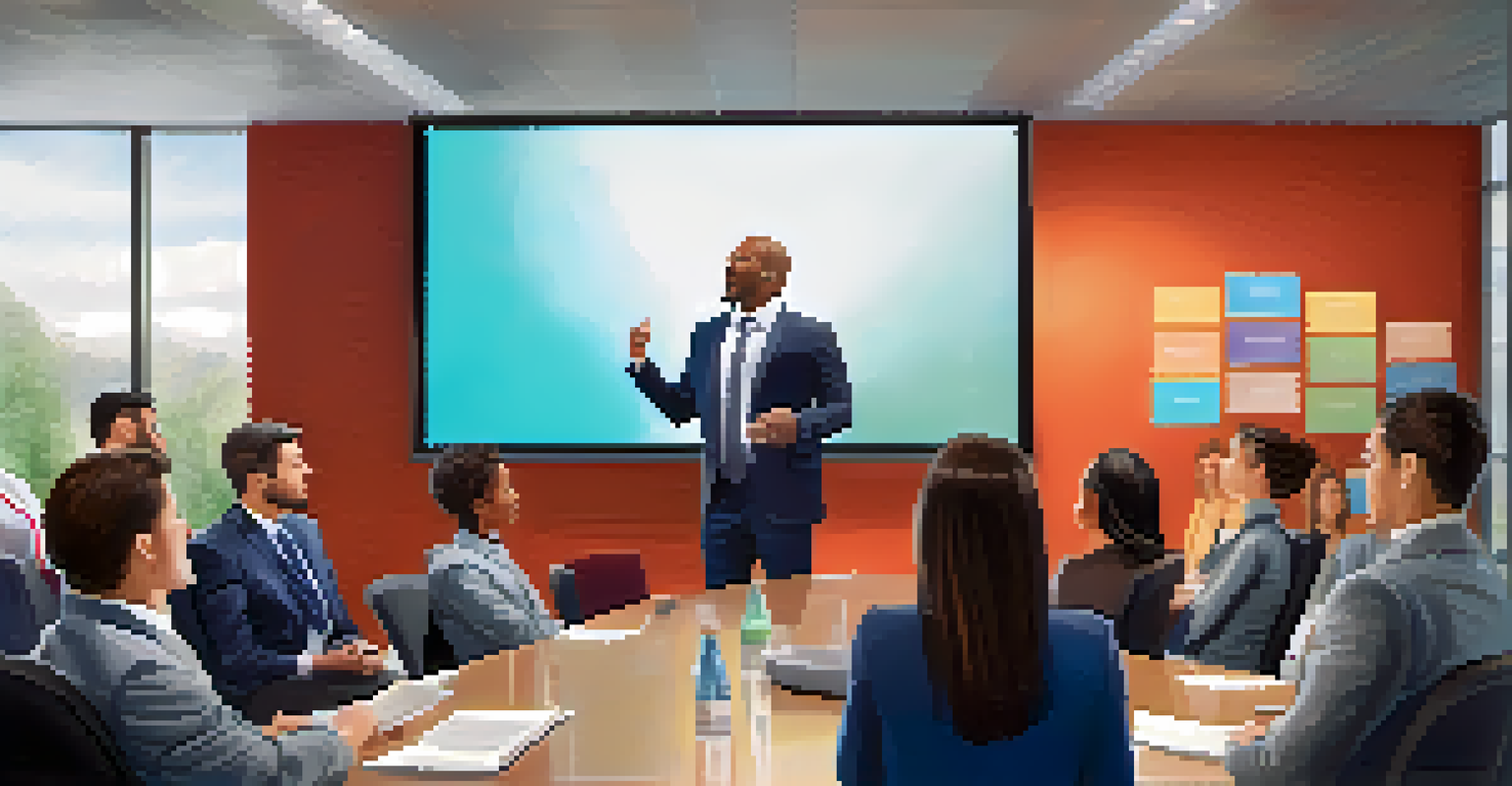 A manager delivering a motivational speech to an attentive team in a modern conference room with positive affirmations displayed on a screen.