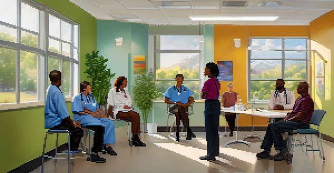 A group of diverse healthcare providers interacting with patients in a welcoming clinic environment.