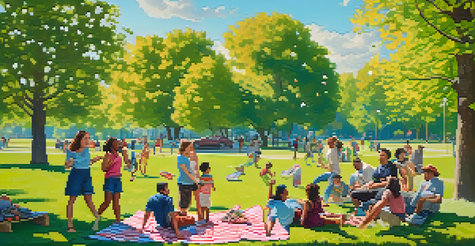 A group of adults enjoying playful activities in a sunny park, surrounded by greenery and colorful picnic blankets.