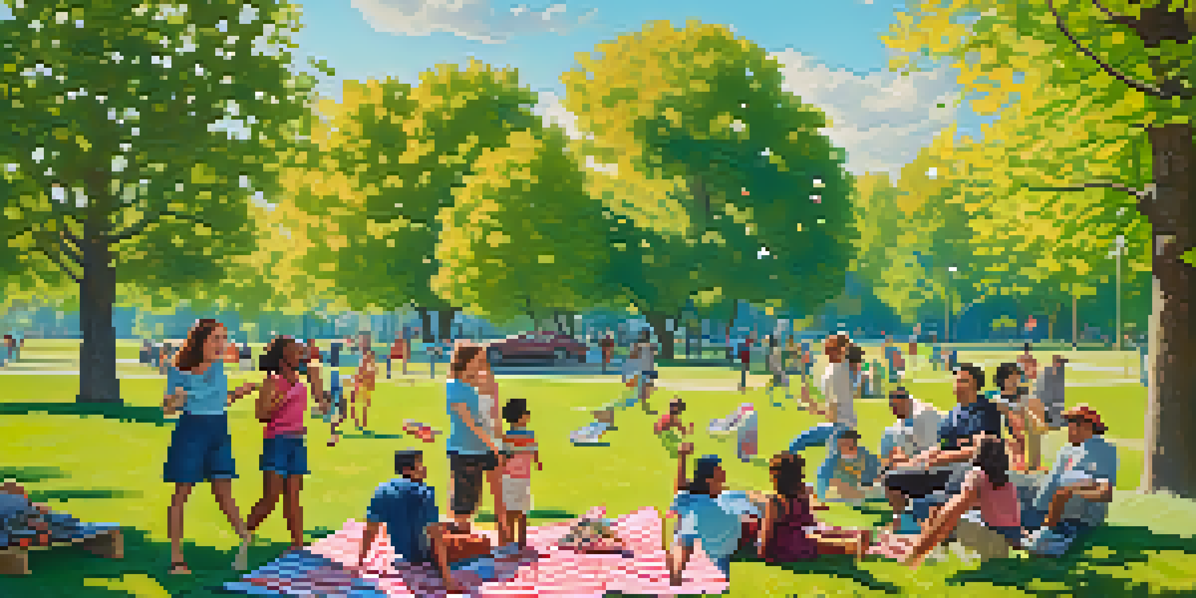 A group of adults enjoying playful activities in a sunny park, surrounded by greenery and colorful picnic blankets.