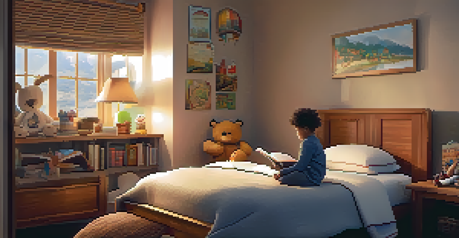 A parent reading a bedtime story to a child in a cozy travel bedroom.