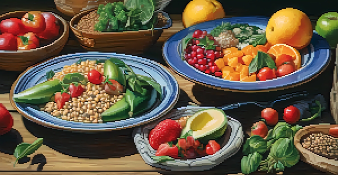 A colorful plate filled with Mediterranean foods, including fruits, vegetables, whole grains, and healthy fats, placed on a wooden table with natural lighting.