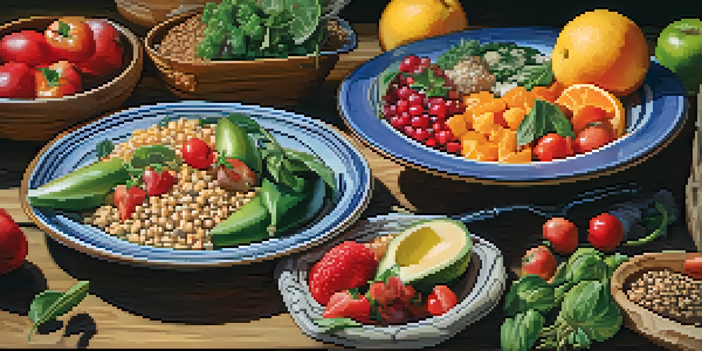 A colorful plate filled with Mediterranean foods, including fruits, vegetables, whole grains, and healthy fats, placed on a wooden table with natural lighting.
