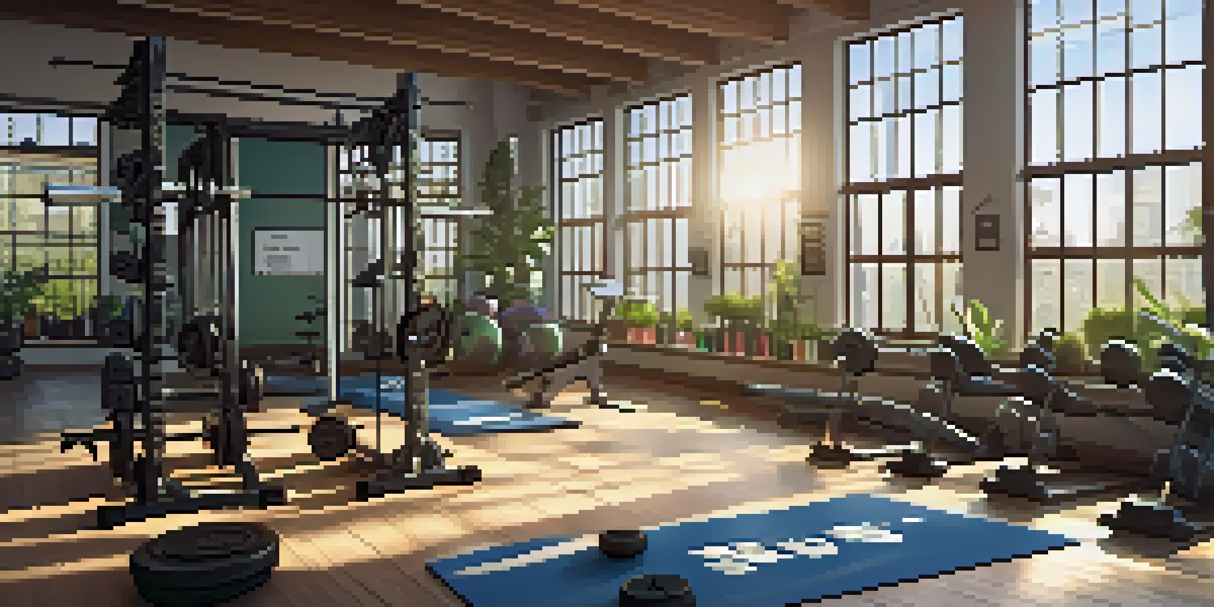 A person lifting weights in a well-lit indoor gym with motivational quotes on the walls and fitness equipment in the background.