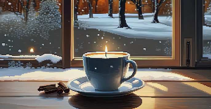A warm cup of coffee beside a candle on a wooden table in a cozy room, with snow falling outside the window.