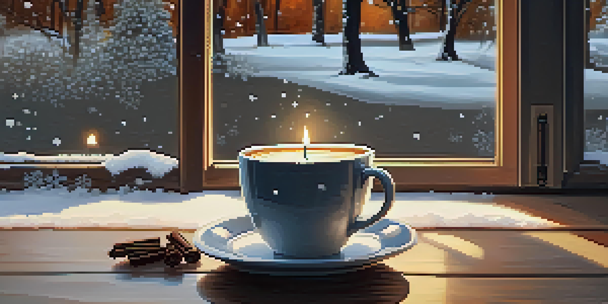 A warm cup of coffee beside a candle on a wooden table in a cozy room, with snow falling outside the window.
