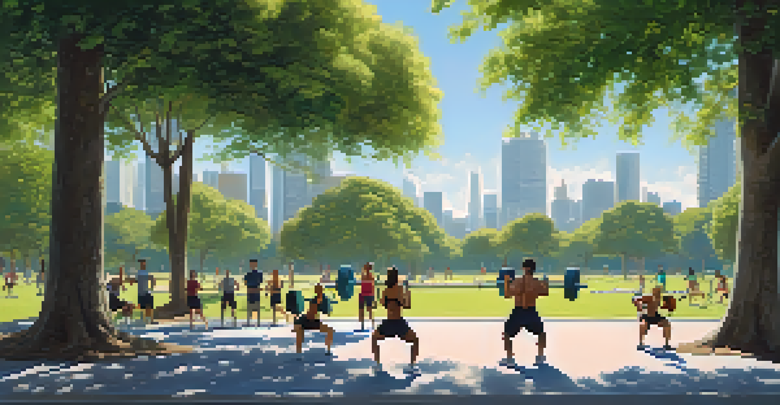 A woman doing squats and a man swinging a kettlebell in a park, surrounded by greenery and a blue sky.