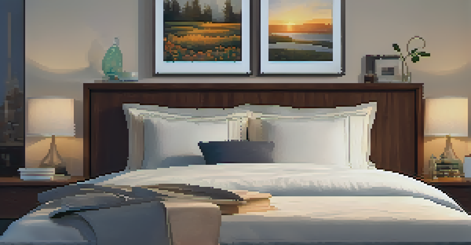 A cozy bedroom with soft bedding, ambient lighting, and a clock showing 10 PM, promoting restful sleep.