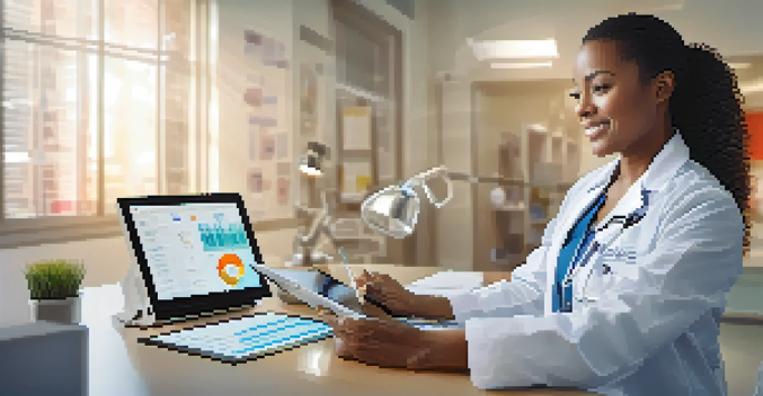 A healthcare provider using a digital tablet in a bright clinic, showcasing electronic health records.