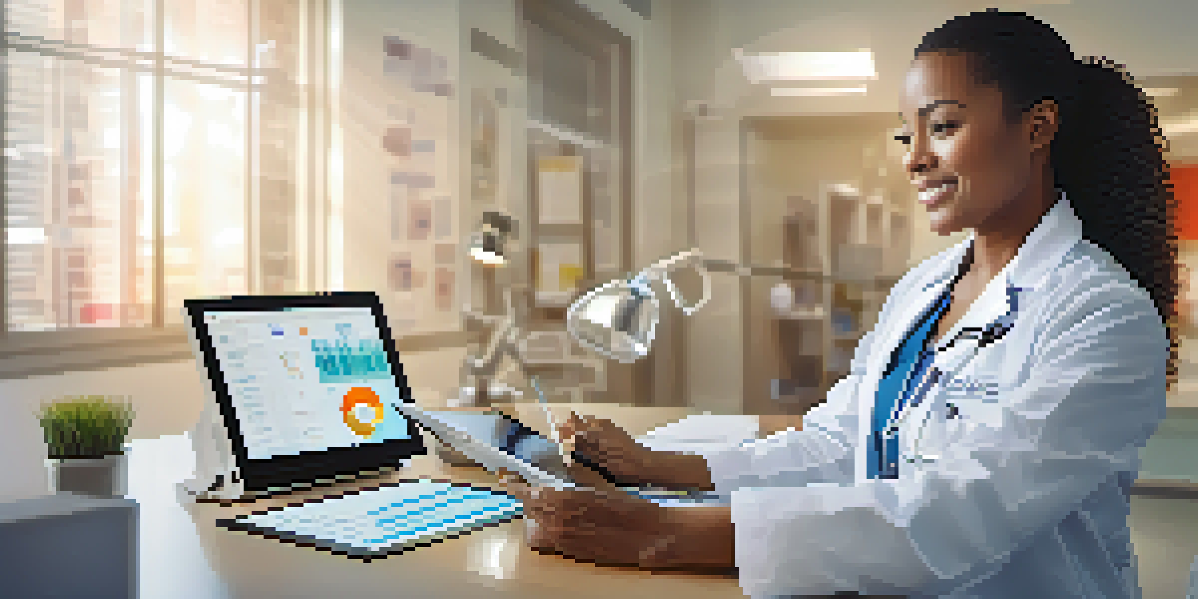A healthcare provider using a digital tablet in a bright clinic, showcasing electronic health records.