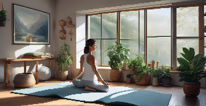 A yoga practitioner in a supported bridge pose with a bolster under their knees in a softly lit studio, surrounded by blankets and yoga props.