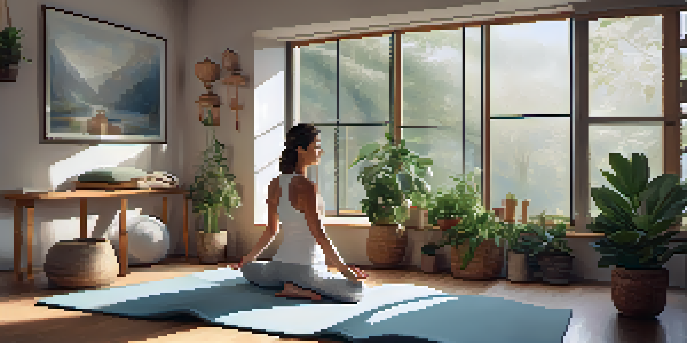 A yoga practitioner in a supported bridge pose with a bolster under their knees in a softly lit studio, surrounded by blankets and yoga props.