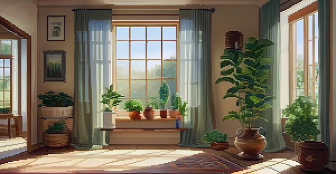 A cozy home corner with a diffuser, plants, and sunlight filtering through curtains.