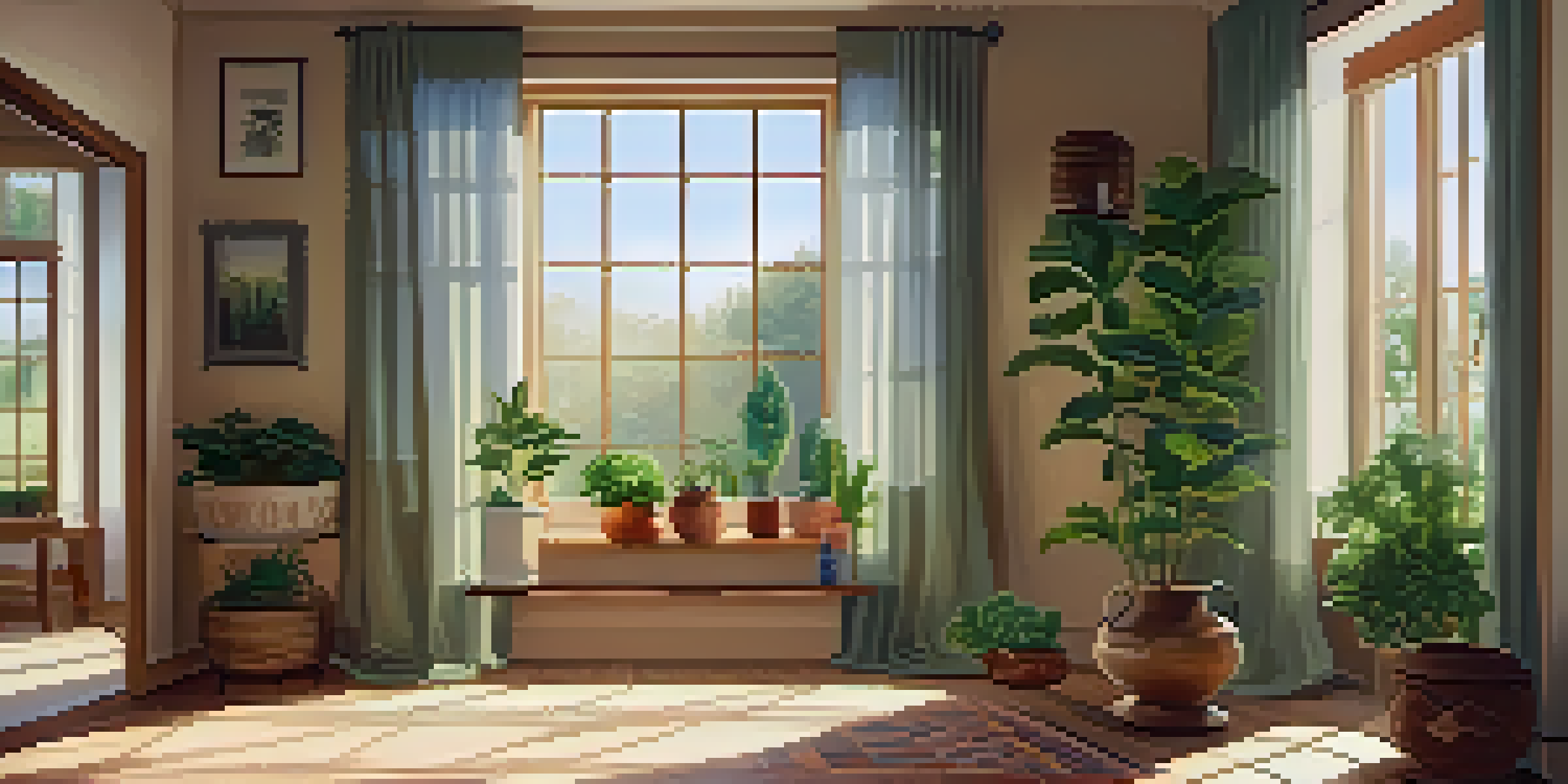 A cozy home corner with a diffuser, plants, and sunlight filtering through curtains.