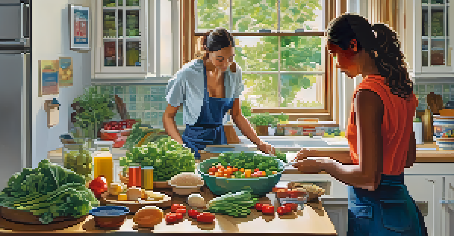 A kitchen scene depicting a person preparing a meal with fresh ingredients rich in B vitamins, including vegetables and whole grains, in a bright and inviting atmosphere.