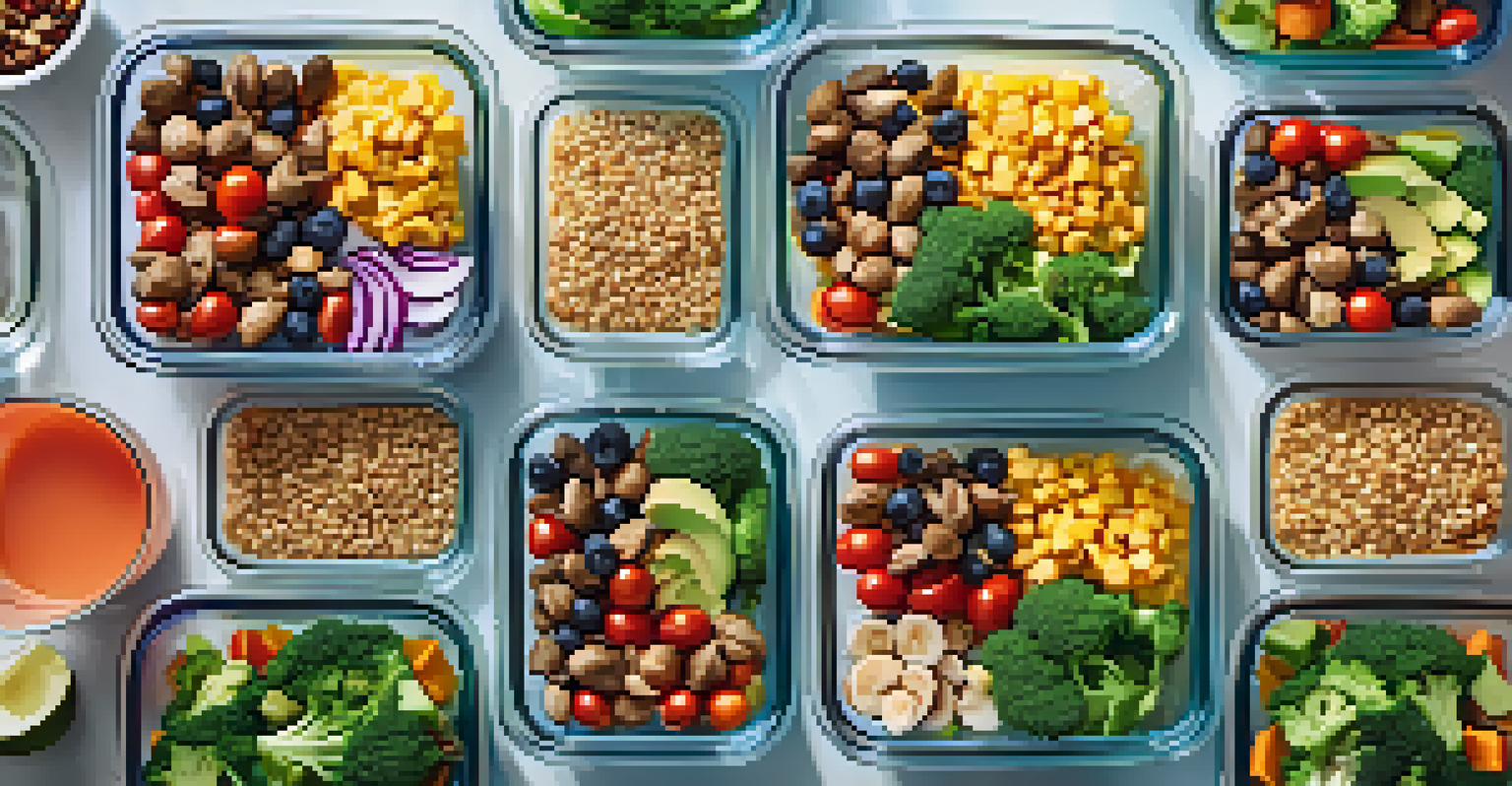 An overhead view of glass containers filled with healthy meal prep portions, surrounded by fresh ingredients in a bright kitchen.