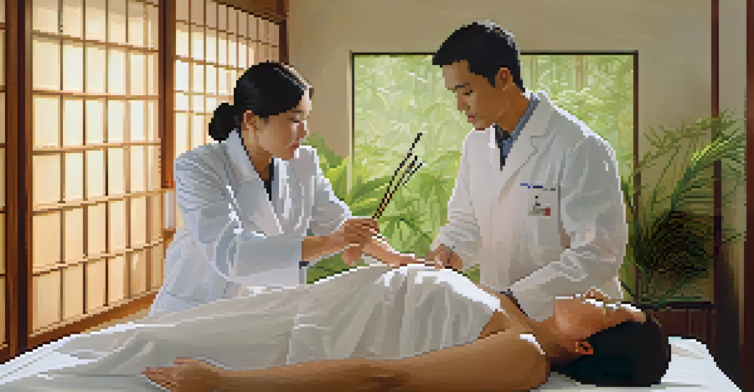 An acupuncturist treating a patient in a peaceful, nature-inspired room.