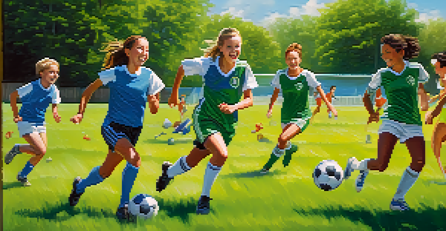 A group of friends playing soccer outdoors on a sunny day, filled with laughter and excitement.