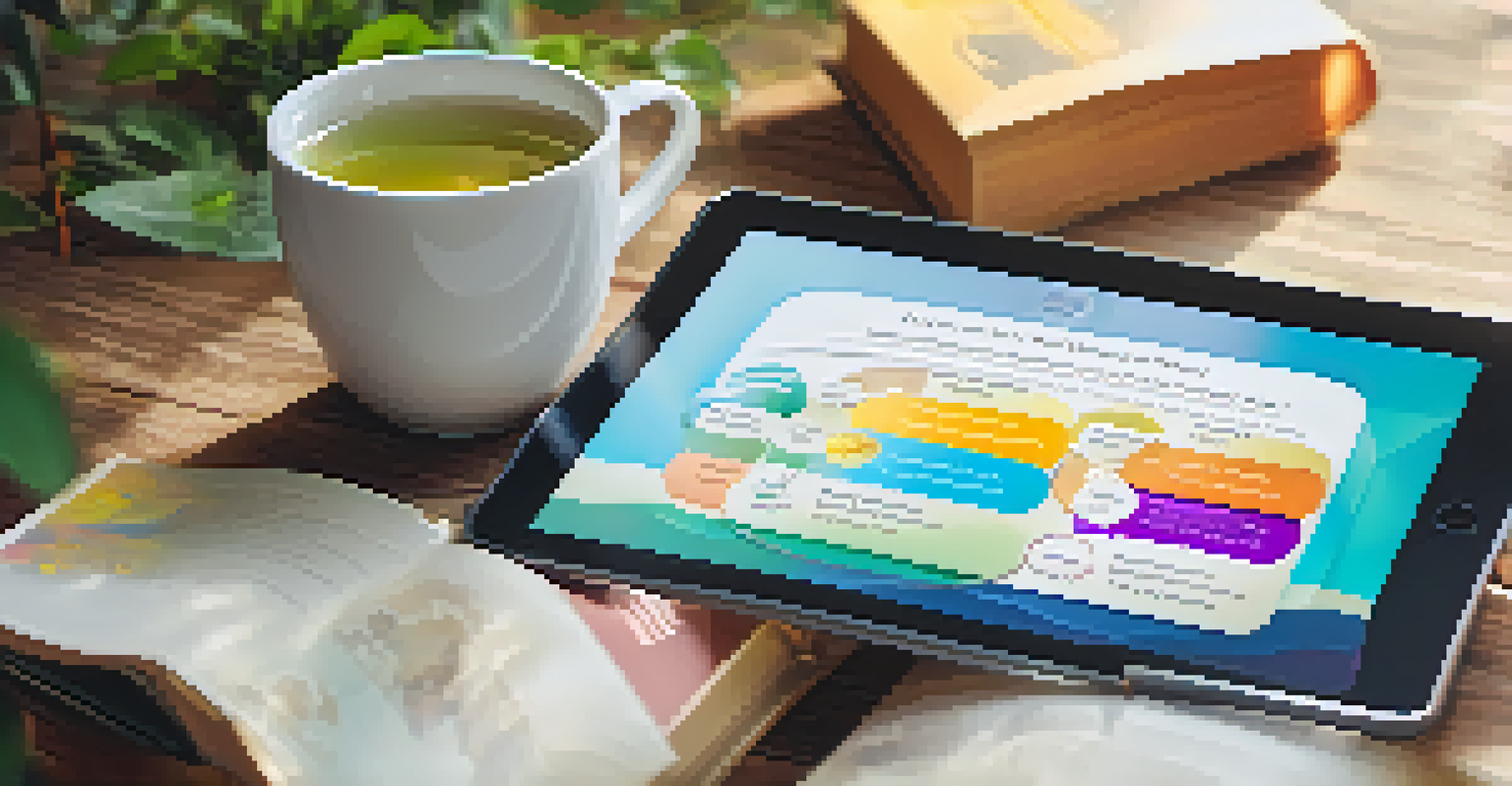 A tablet displaying a colorful wellness assessment tool in a cozy setting with wellness books and tea.