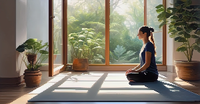 A person meditating in a bright room filled with plants and art, promoting a sense of calm and healing.