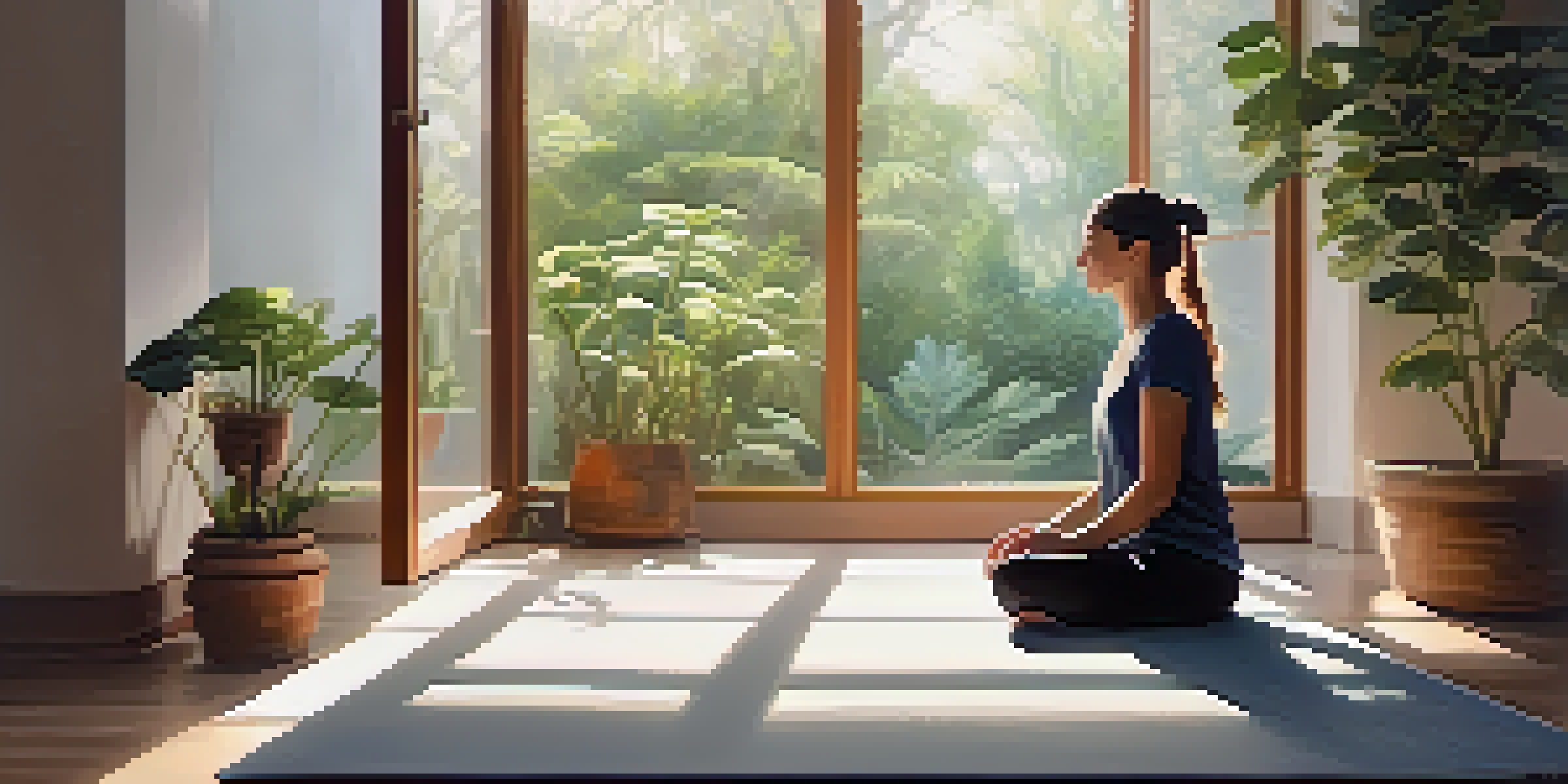 A person meditating in a bright room filled with plants and art, promoting a sense of calm and healing.