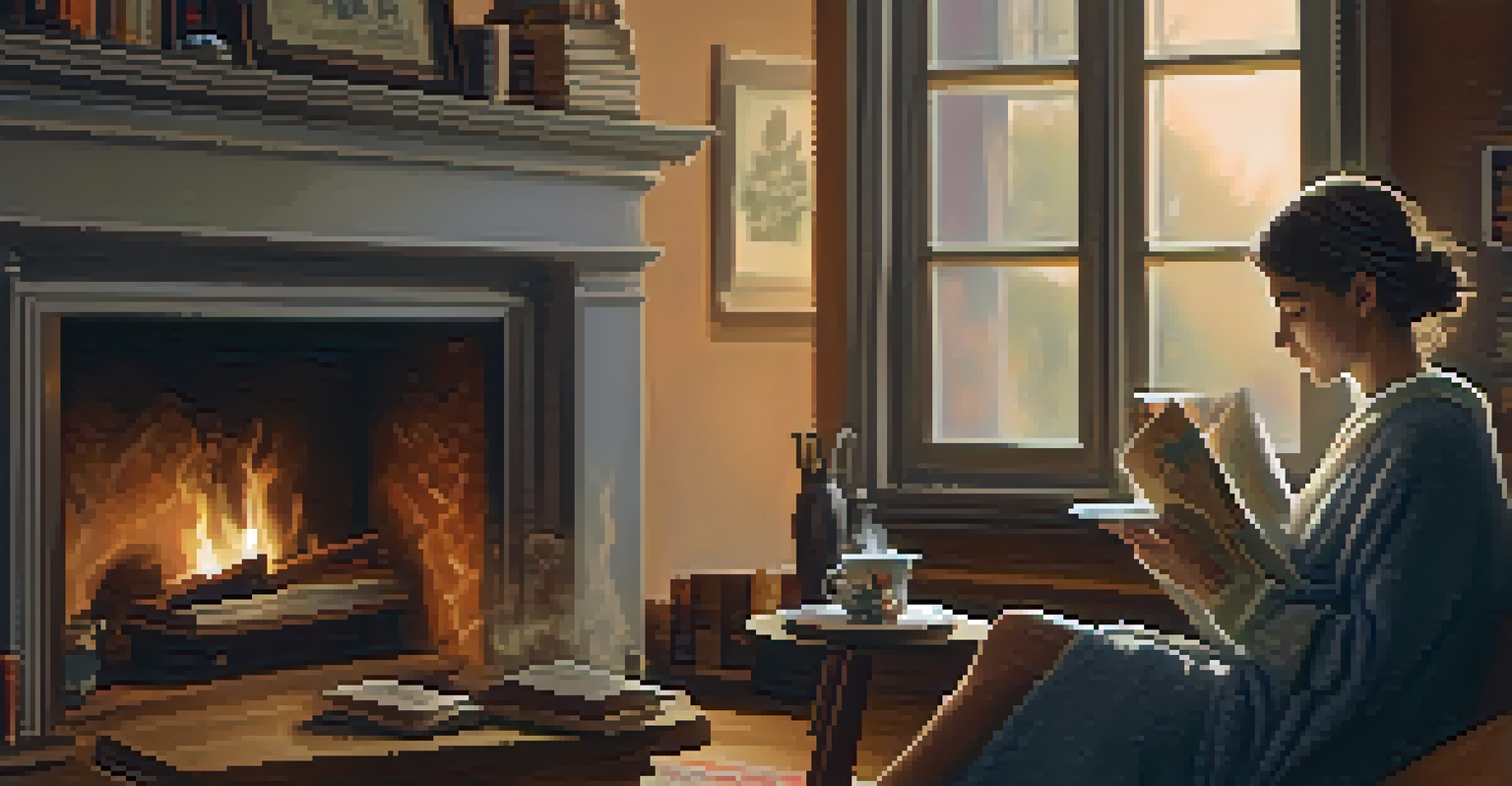 A close-up of a person holding a warm cup of tea in a cozy living room with a fireplace.