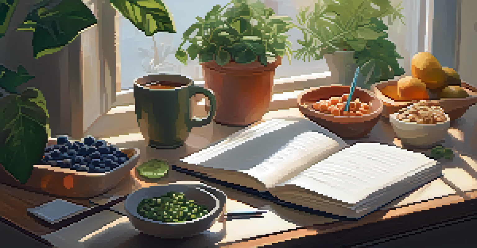 A person journaling at a cozy desk with plants and healthy snacks, emphasizing a holistic approach to health.