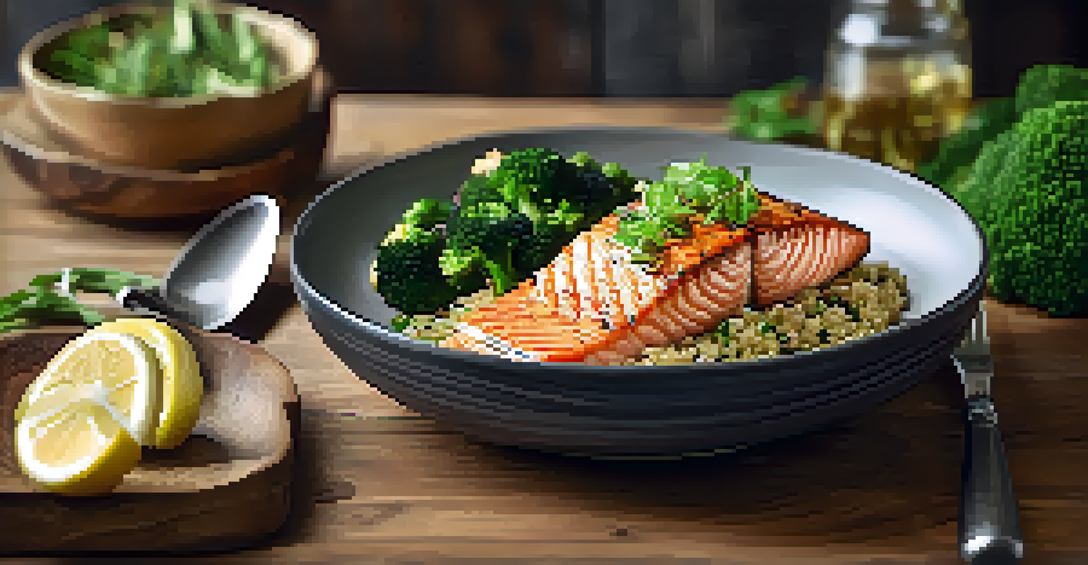 A beautifully plated heart-healthy meal with salmon, quinoa, and broccoli on a rustic wooden table.