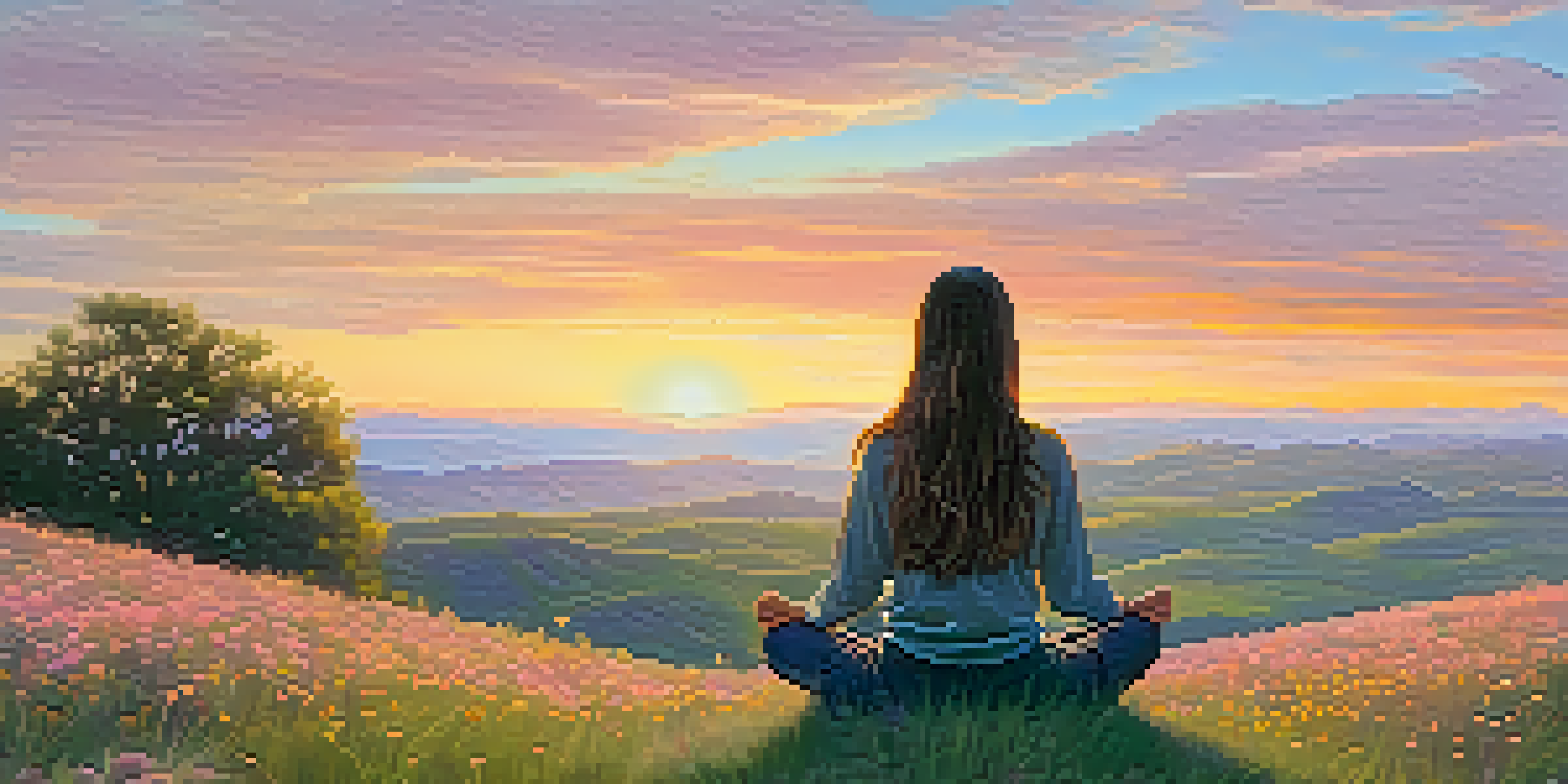 A person practicing mindfulness sits on a grassy hilltop during sunset, surrounded by blooming wildflowers.