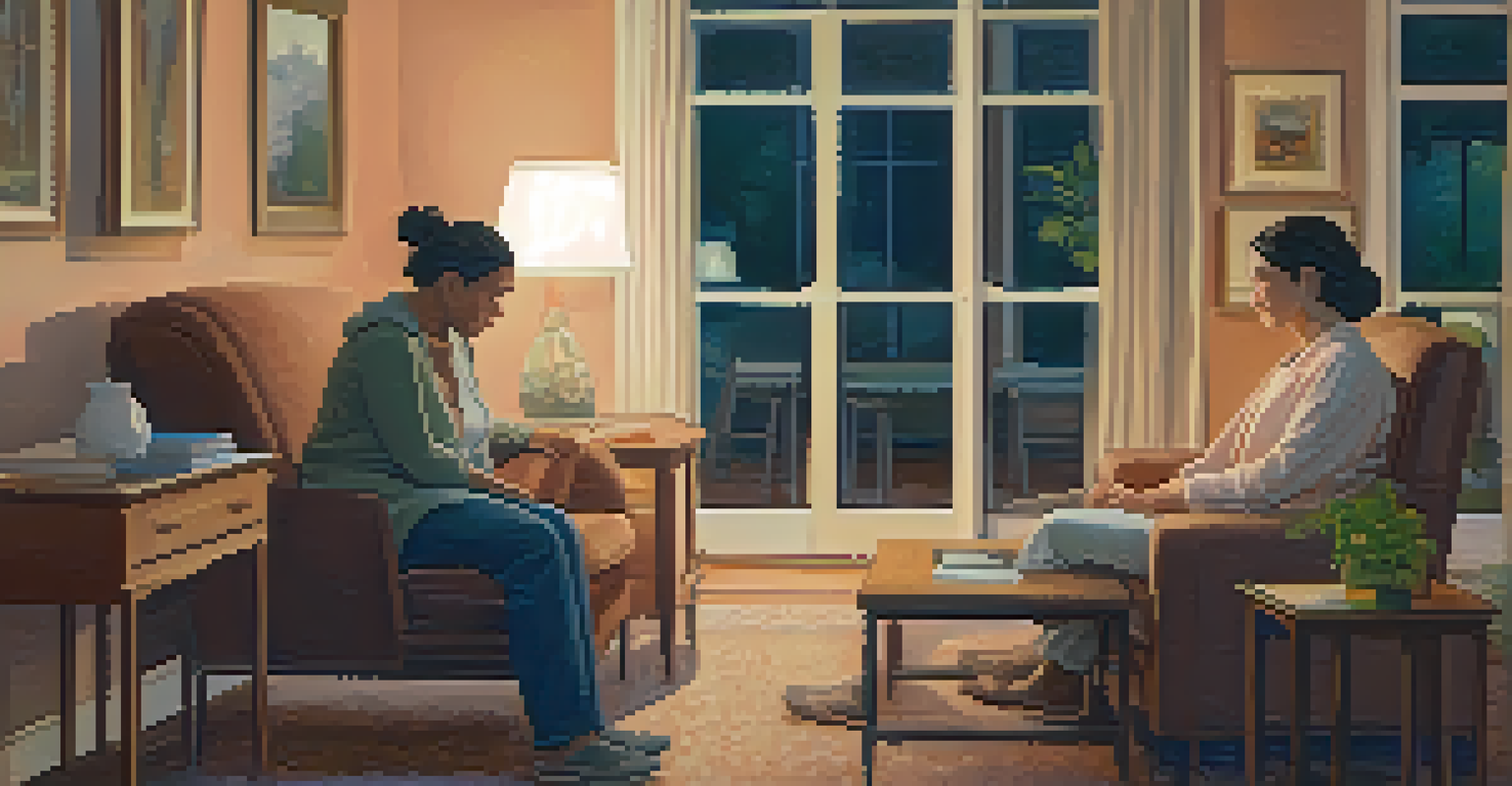 A caregiver providing compassionate support to a person experiencing anxiety in a cozy indoor setting.