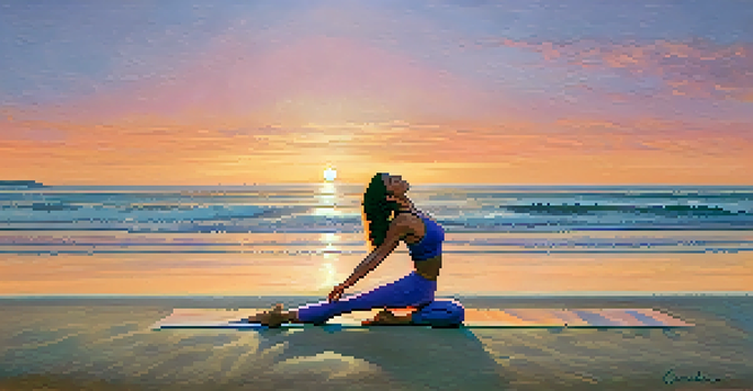 A woman practicing yoga on a beach during sunset, with vibrant colors in the sky and calm waves.