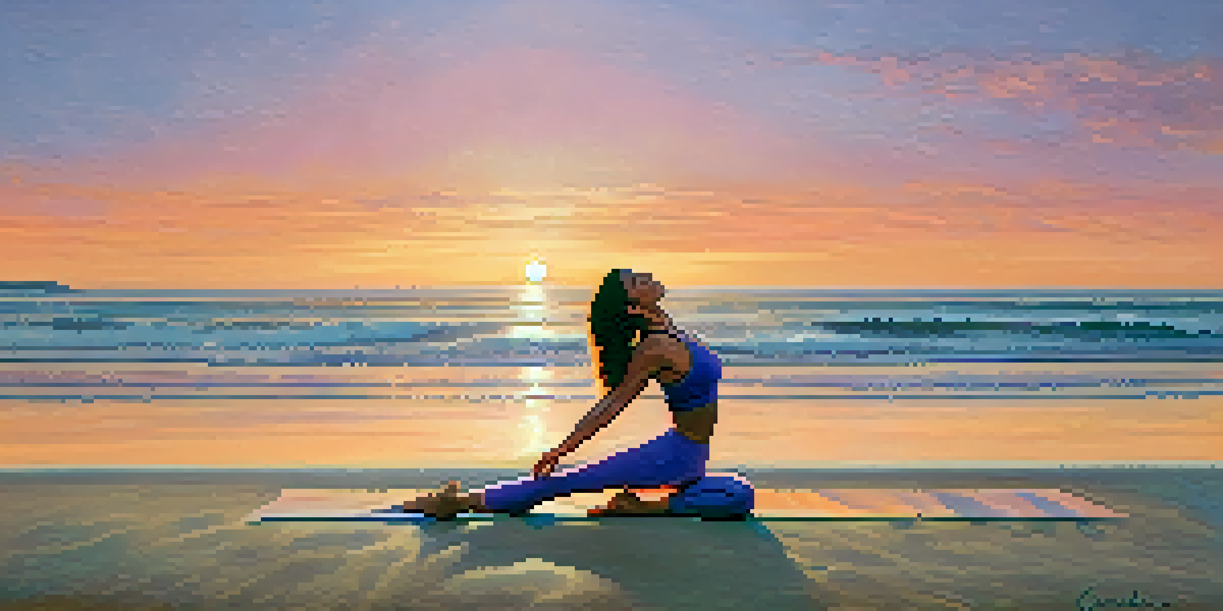 A woman practicing yoga on a beach during sunset, with vibrant colors in the sky and calm waves.