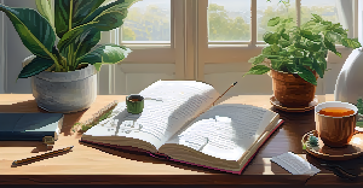 A bright workspace with a wooden desk, plants, and a notebook, representing goal-setting and personal growth.