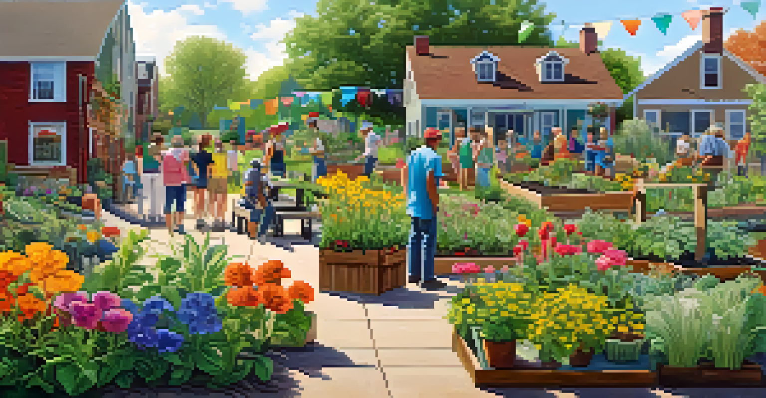 A lively community garden with people gardening, children playing, and a picnic area, highlighting the joy of community interaction with nature.