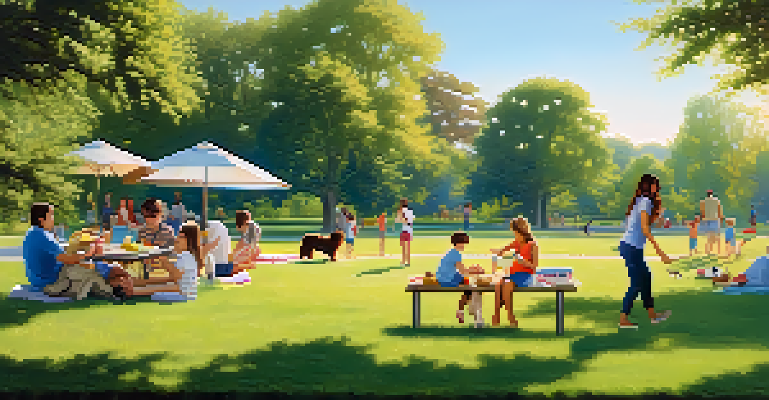 A family having a picnic in a park, with children playing and a dog, set in a lush green landscape under a blue sky.