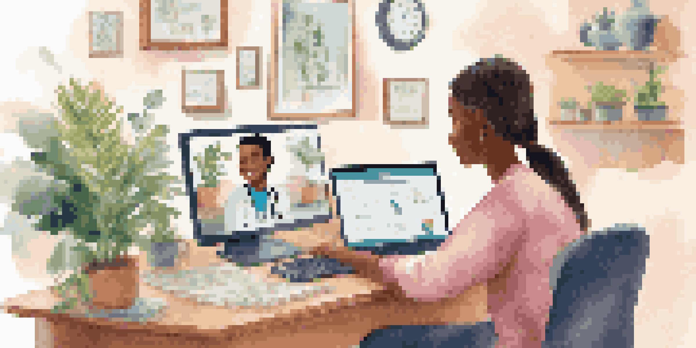 A young adult participating in a telehealth consultation on a laptop, in a bright and welcoming room.