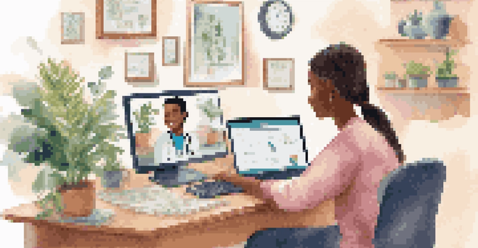 A young adult participating in a telehealth consultation on a laptop, in a bright and welcoming room.