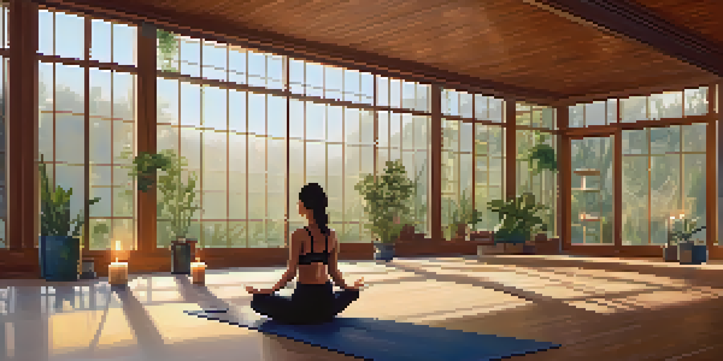 A peaceful yoga studio with a person practicing yoga on a mat, surrounded by plants and candles in soft morning light.