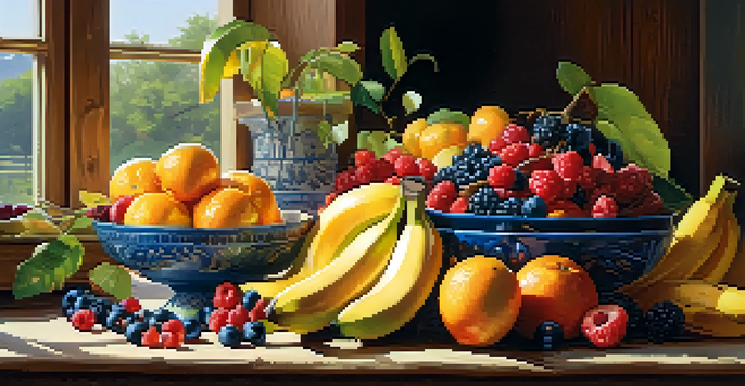 A vibrant plate of assorted fruits like berries, bananas, and citrus on a wooden table with soft sunlight illuminating the scene.