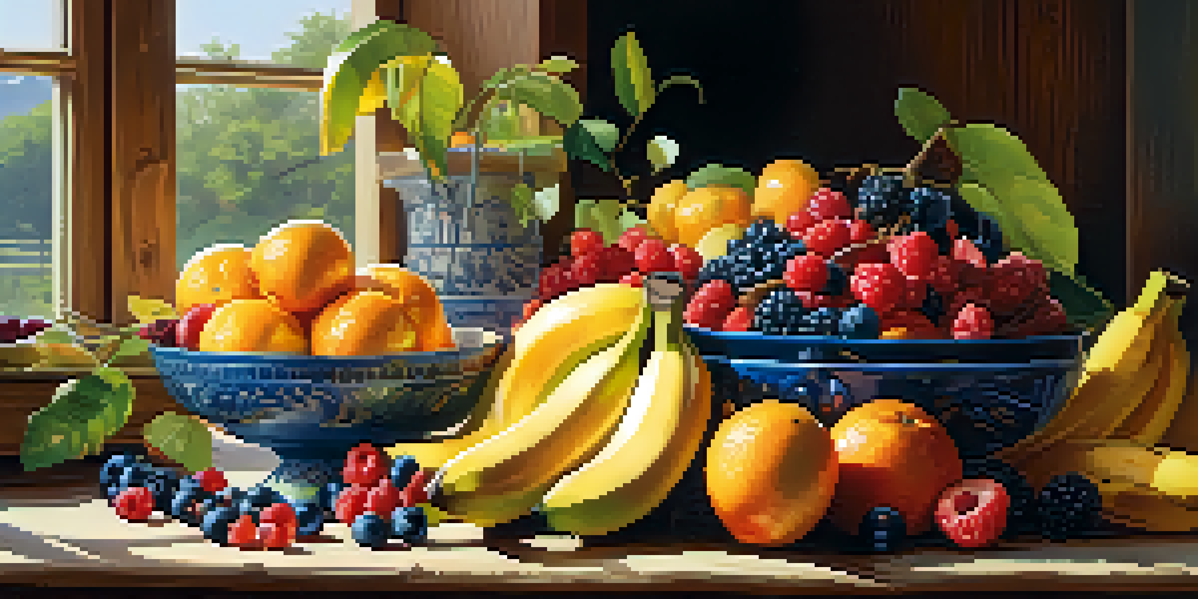A vibrant plate of assorted fruits like berries, bananas, and citrus on a wooden table with soft sunlight illuminating the scene.