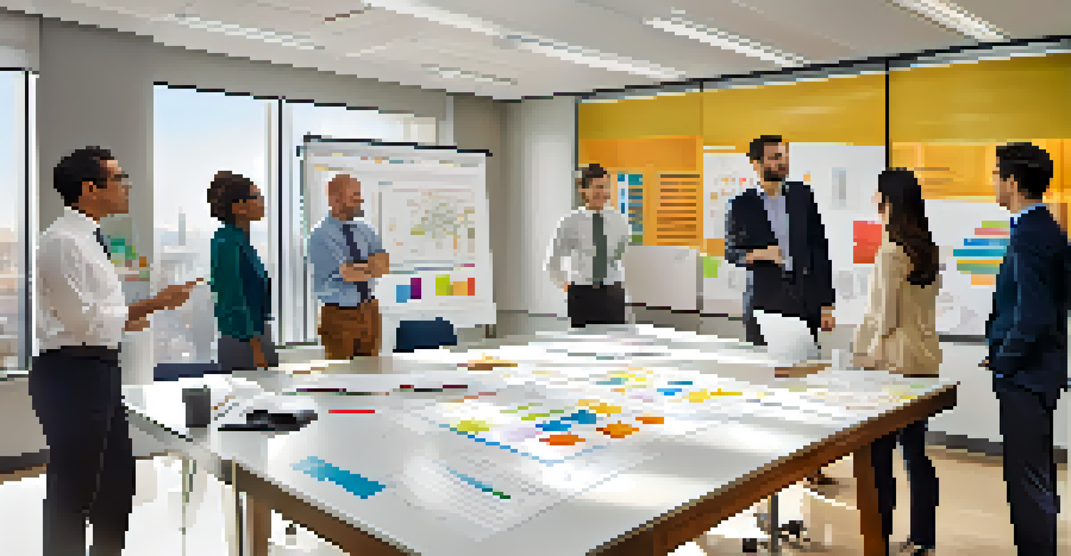 A diverse team in an office discussing ideas around a whiteboard during a decision-making session.