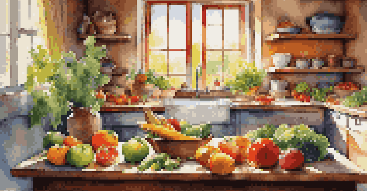 A cozy kitchen with fresh fruits and vegetables being prepared for a healthy meal.