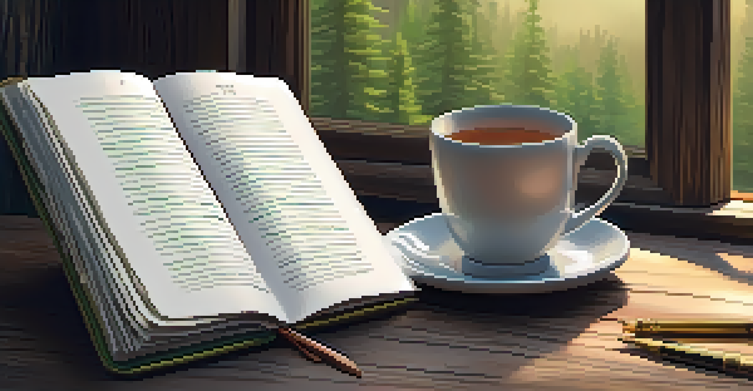 An open journal with a pen and a cup of tea on a wooden table inside a cozy cabin, with a view of the forest through the window.