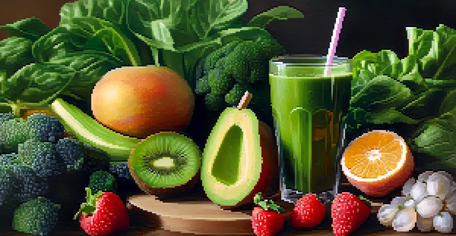 A pair of hands holding a green smoothie surrounded by fresh fruits and vegetables.