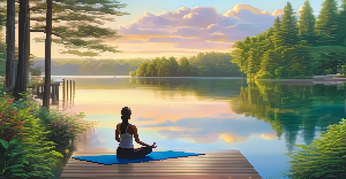 A tranquil lakeside scene at a digital detox retreat, with a person practicing yoga on a deck, surrounded by green trees and the soft glow of sunrise.