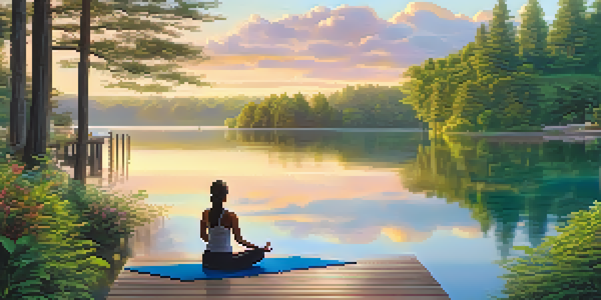 A tranquil lakeside scene at a digital detox retreat, with a person practicing yoga on a deck, surrounded by green trees and the soft glow of sunrise.