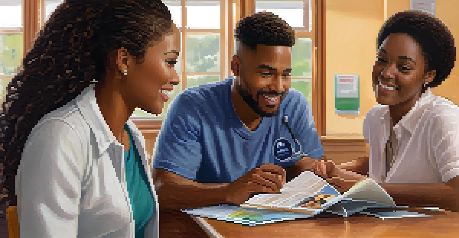 A community health worker and a young adult discussing healthcare options at a community center, with brochures and a laptop on the table.